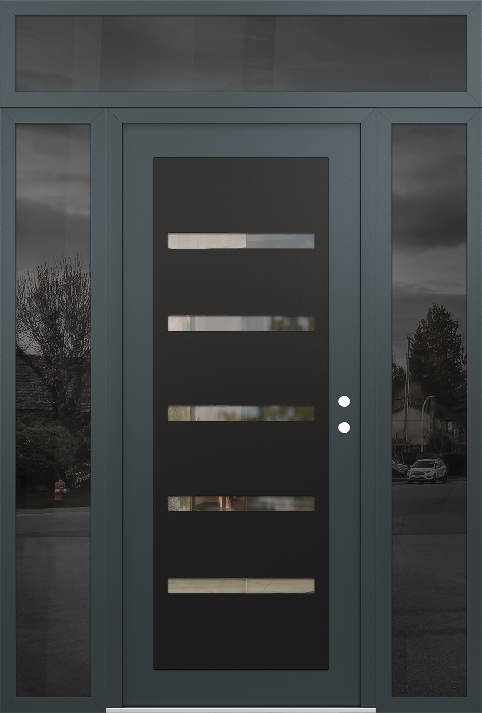 Modern Steel Front Door Diamond C7 60" x 96" anthracite/anthracite clear Glass Panel black LHI with 2 Sidelites and Transom mirrored Glass