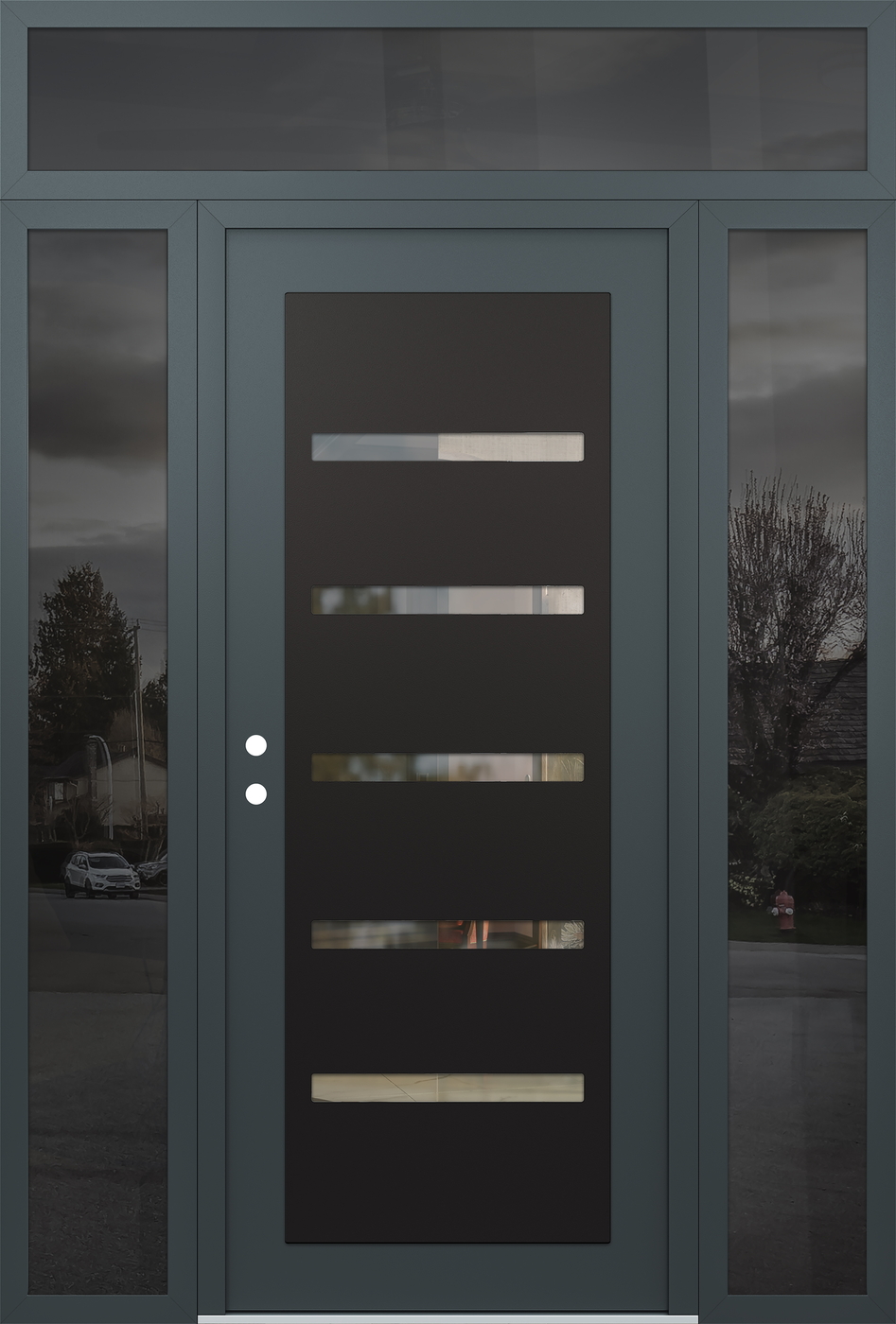 Modern Steel Front Door Diamond C7 60" x 96" anthracite/anthracite clear Glass Panel black RHI with 2 Sidelites and Transom mirrored Glass
