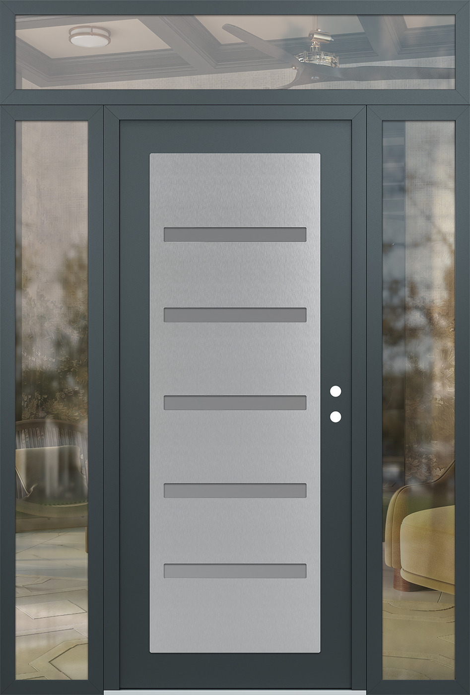 Modern Steel Front Door Diamond C7 60" x 96" anthracite/anthracite frosted Glass Panel stainless steel LHI with 2 Sidelites and Transom clear Glass