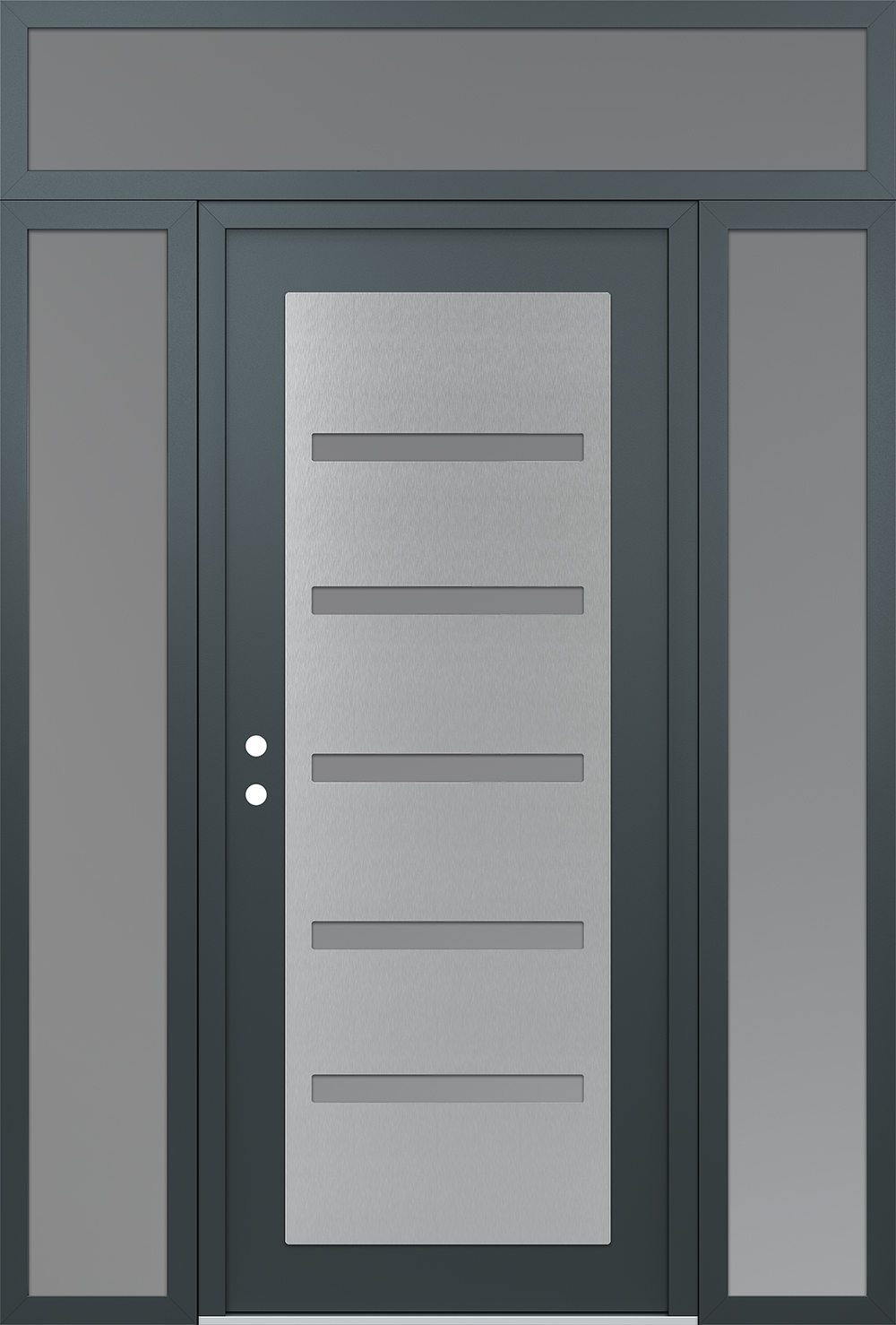 Modern Steel Front Door Diamond C7 60" x 96" anthracite/anthracite frosted Glass Panel stainless steel RHI with 2 Sidelites and Transom frosted Glass
