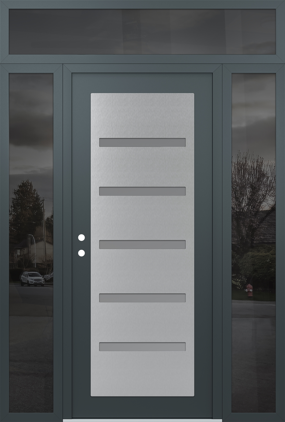 Modern Steel Front Door Diamond C7 60" x 96" anthracite/anthracite frosted Glass Panel stainless steel RHI with 2 Sidelites and Transom mirrored Glass