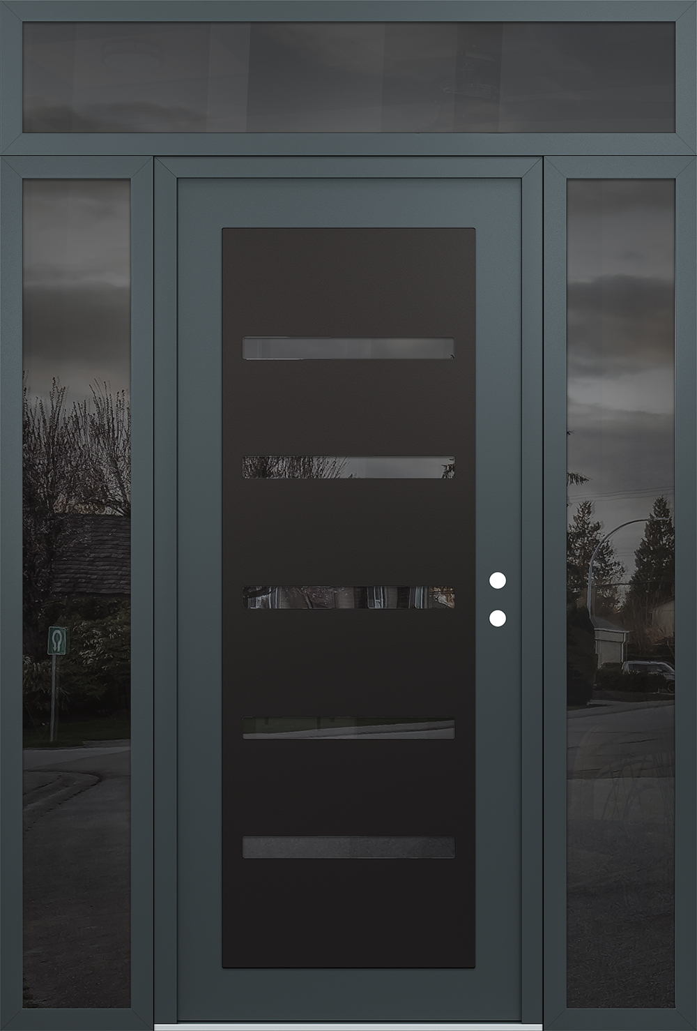 Modern Steel Front Door Diamond C7 60" x 96" anthracite/anthracite mirrored Glass Panel black LHI with 2 Sidelites and Transom mirrored Glass