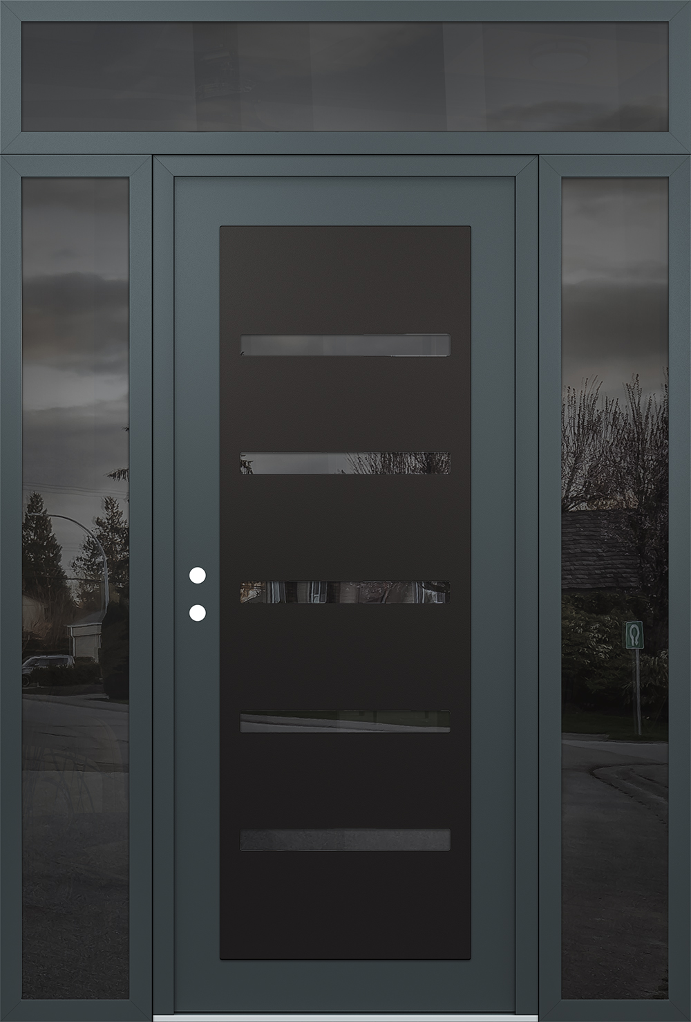 Modern Steel Front Door Diamond C7 60" x 96" anthracite/anthracite mirrored Glass Panel black RHI with 2 Sidelites and Transom mirrored Glass