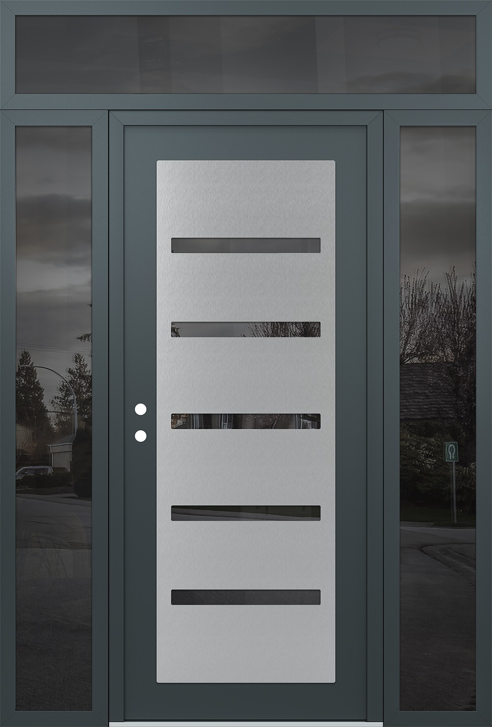 Modern Steel Front Door Diamond C7 60" x 96" anthracite/anthracite mirrored Glass Panel stainless steel RHI with 2 Sidelites and Transom mirrored Glass