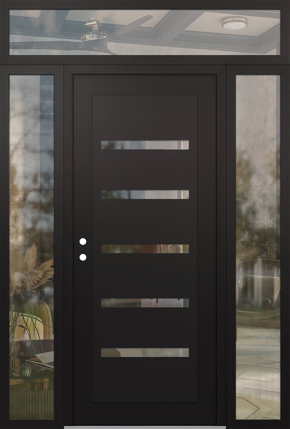 Modern Steel Front Door Diamond C7 60" x 96" black/black clear Glass Panel black RHI with 2 Sidelites and Transom clear Glass