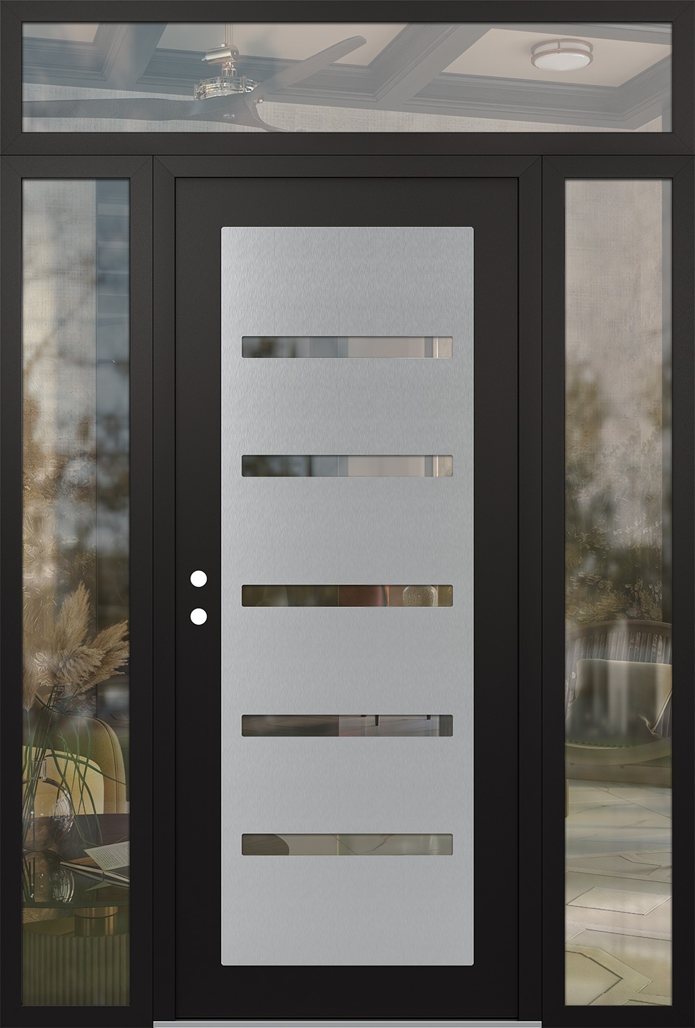 Modern Steel Front Door Diamond C7 60" x 96" black/black clear Glass Panel stainless steel RHI with 2 Sidelites and Transom clear Glass