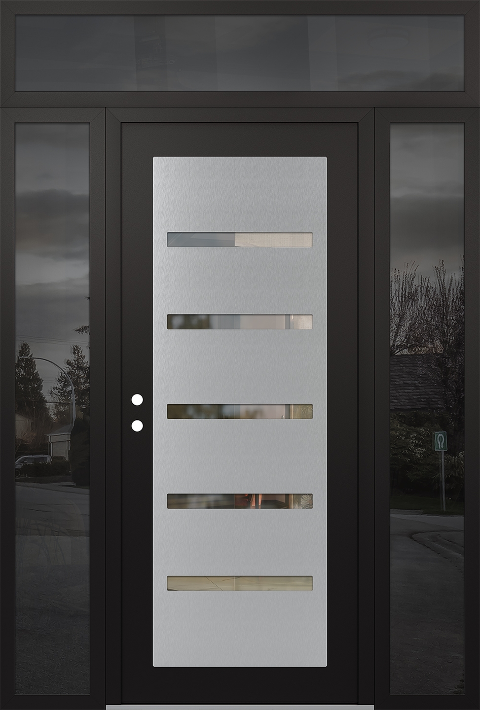 Modern Steel Front Door Diamond C7 60" x 96" black/black clear Glass Panel stainless steel RHI with 2 Sidelites and Transom mirrored Glass