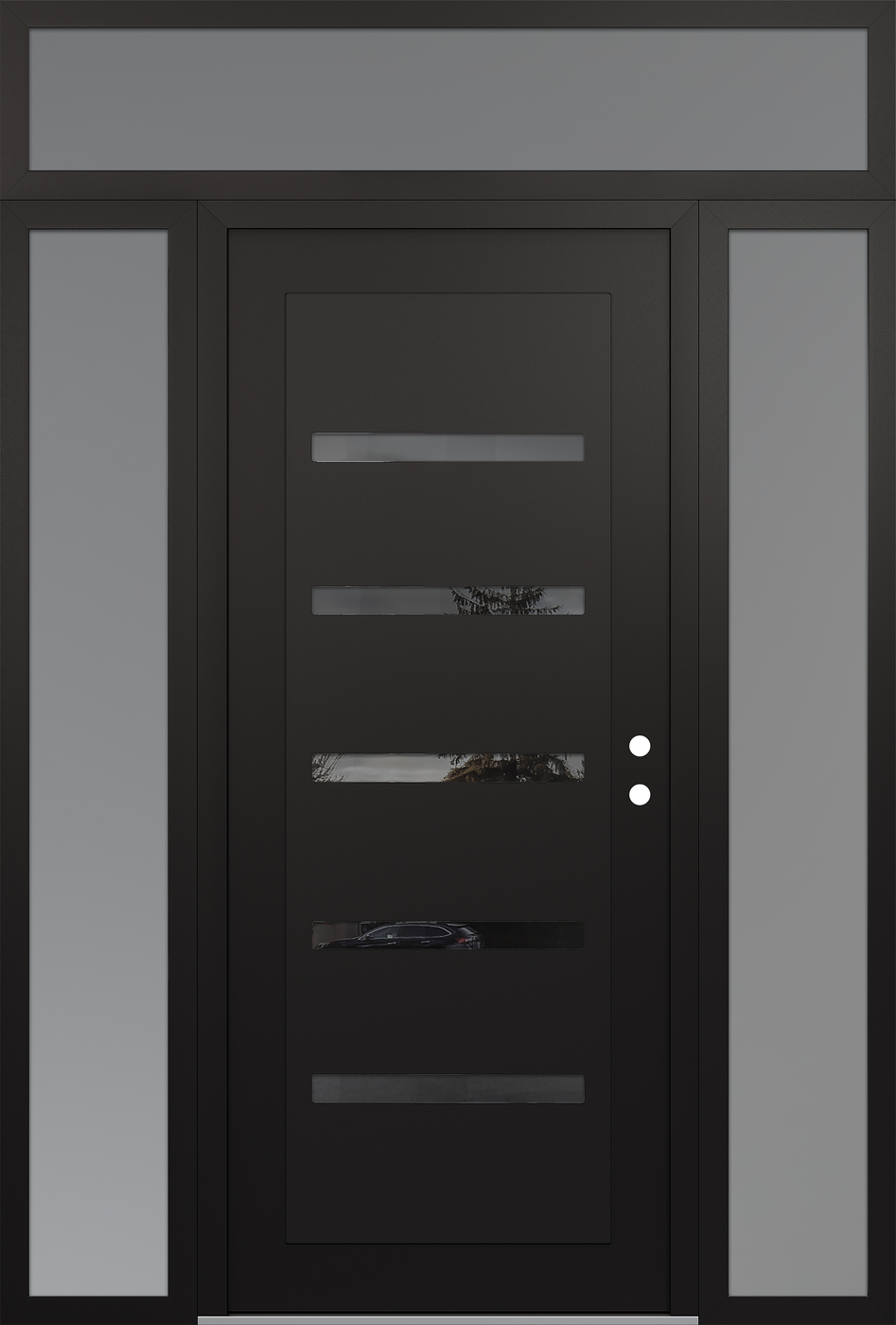 Modern Steel Front Door Diamond C7 60" x 96" black/black mirrored Glass Panel black LHI with 2 Sidelites and Transom frosted Glass