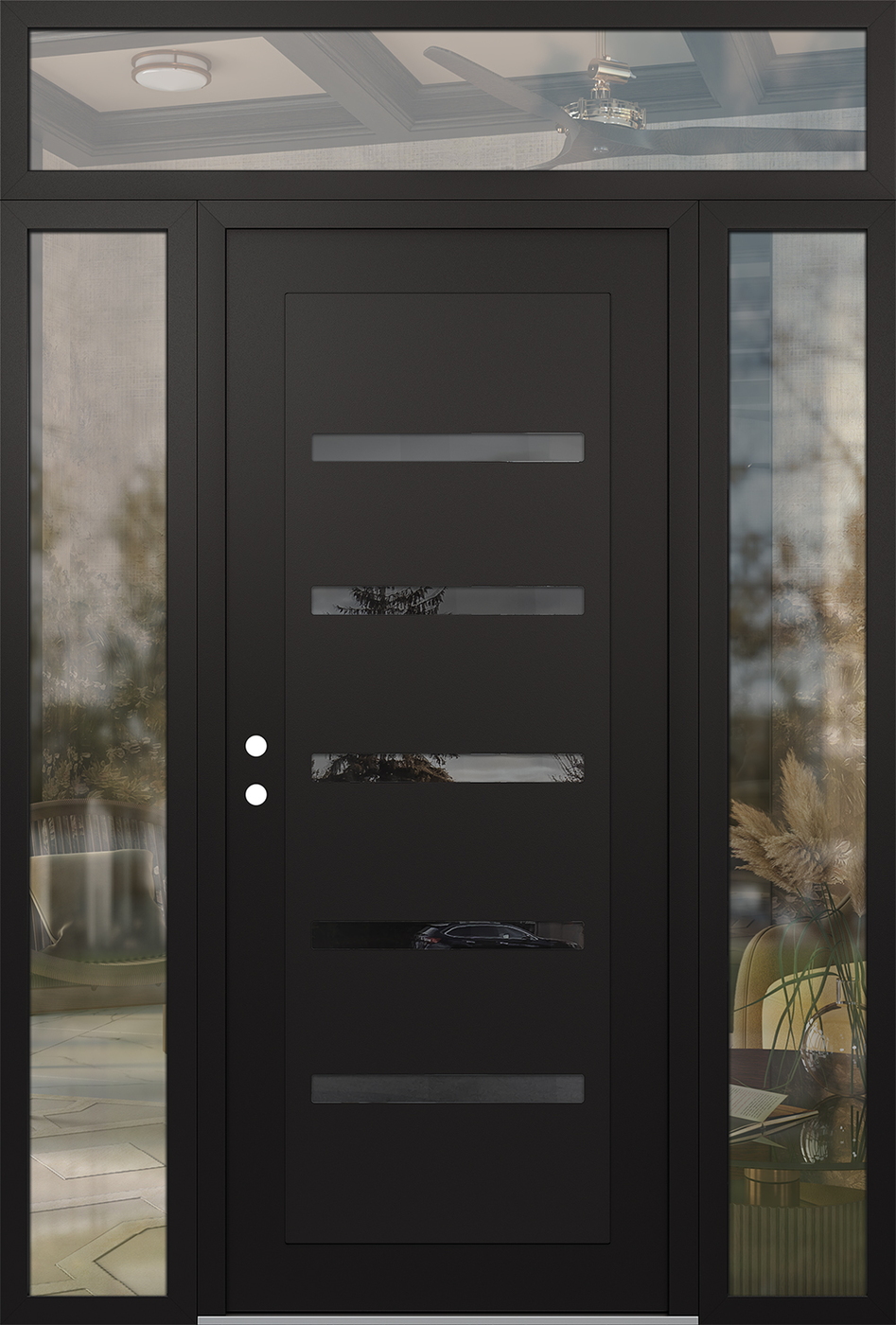 Modern Steel Front Door Diamond C7 60" x 96" black/black mirrored Glass Panel black RHI with 2 Sidelites and Transom clear Glass