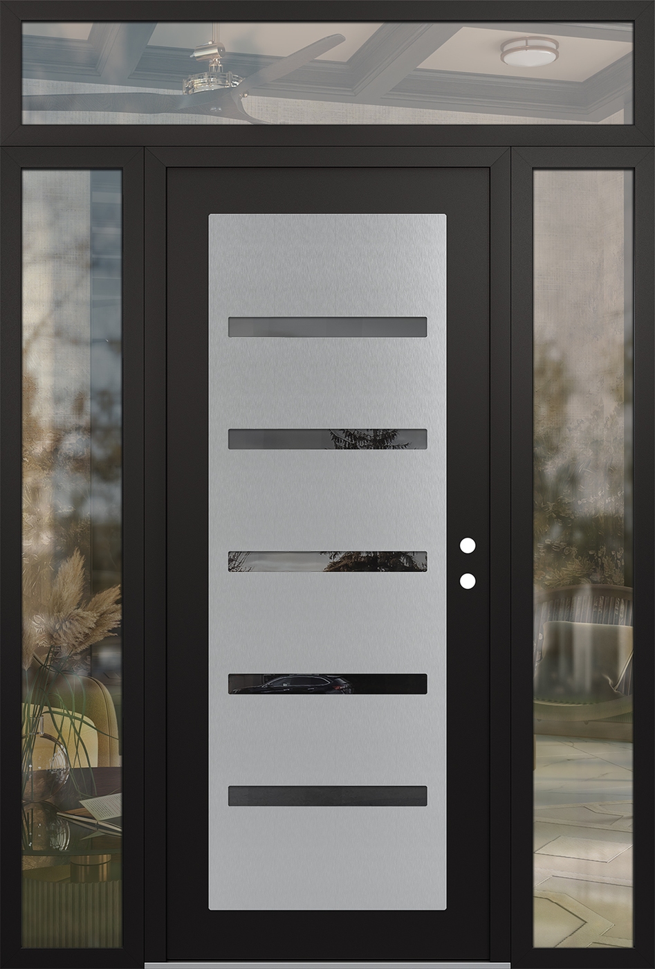 Modern Steel Front Door Diamond C7 60" x 96" black/black mirrored Glass Panel stainless steel LHI with 2 Sidelites and Transom clear Glass