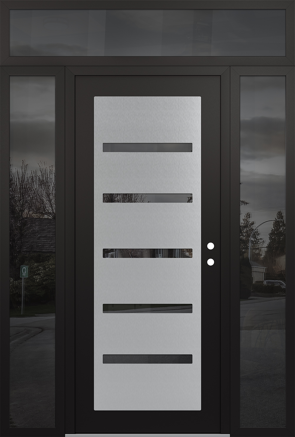 Modern Steel Front Door Diamond C7 60" x 96" black/black mirrored Glass Panel stainless steel LHI with 2 Sidelites and Transom mirrored Glass