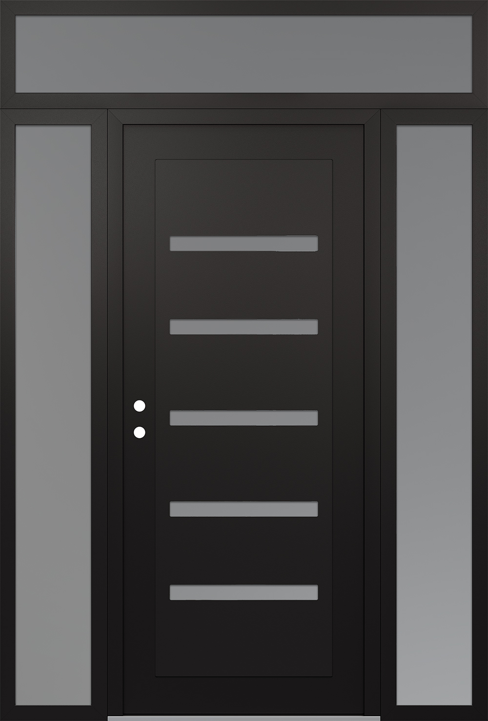 Modern Steel Front Door Diamond C7 60" x 96" black/white frosted Glass Panel black RHI with 2 Sidelites and Transom frosted Glass