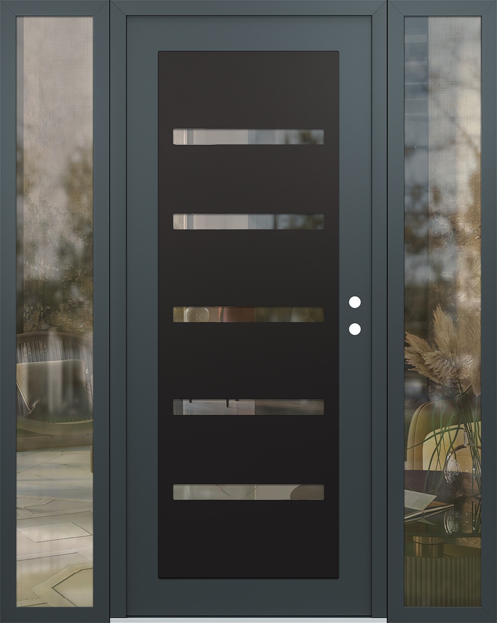 Modern Steel Front Door Diamond C7 64" x 80" anthracite/anthracite clear Glass Panel black LHI with 2 Sidelites clear Glass