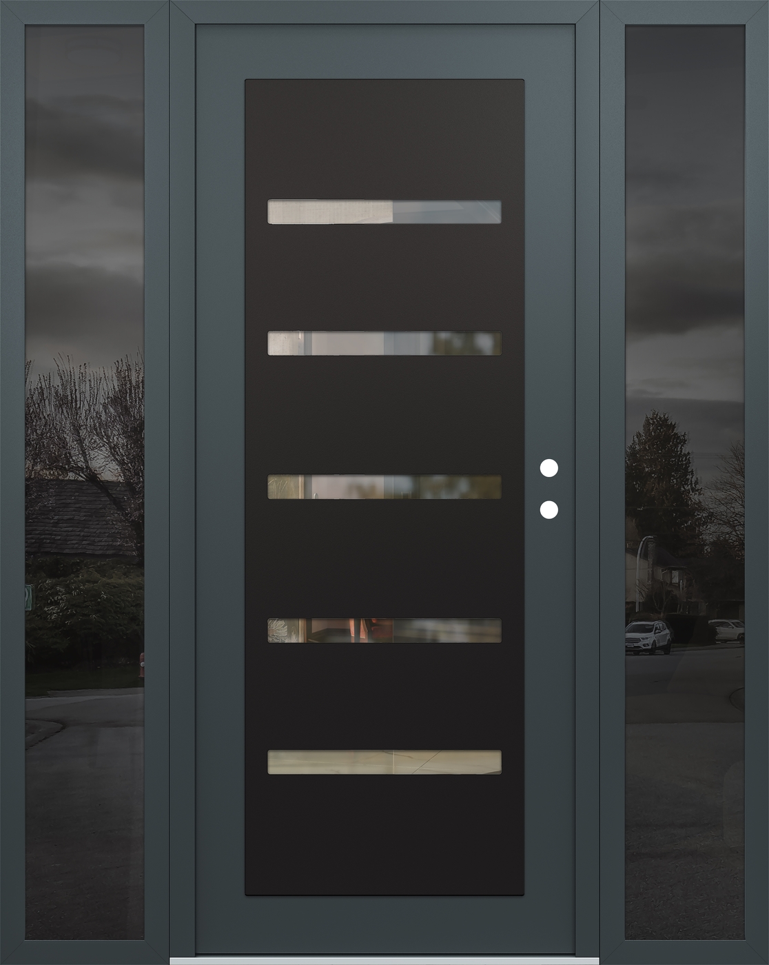 Modern Steel Front Door Diamond C7 64" x 80" anthracite/anthracite clear Glass Panel black LHI with 2 Sidelites mirrored Glass
