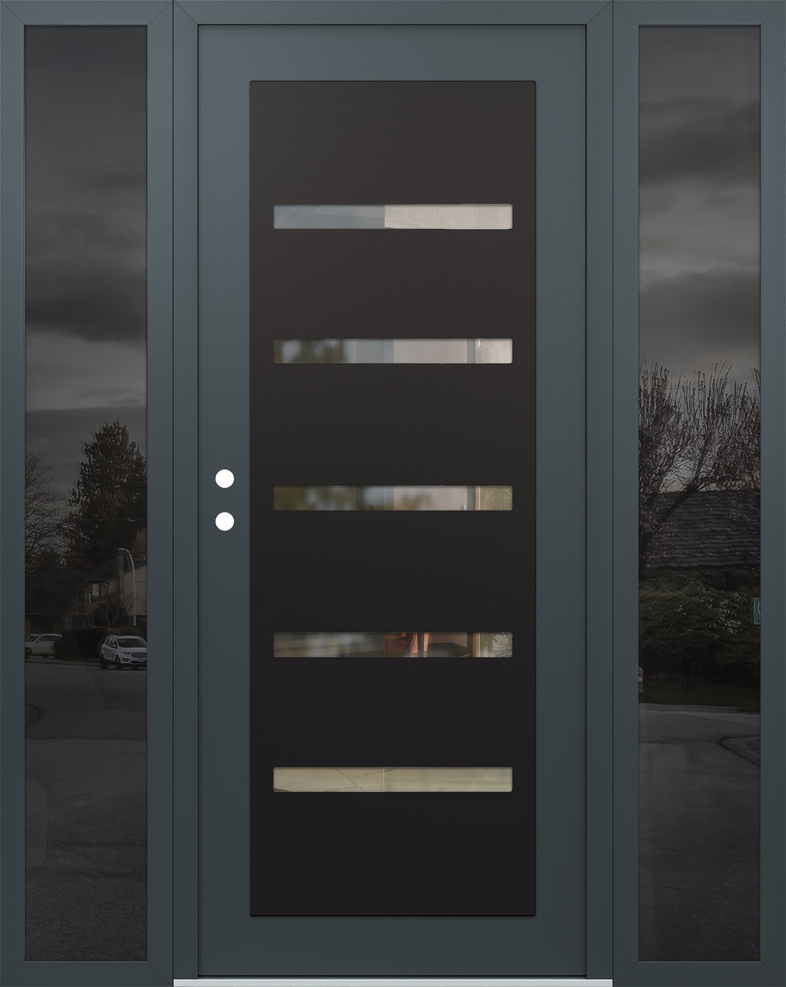 Modern Steel Front Door Diamond C7 64" x 80" anthracite/anthracite clear Glass Panel black RHI with 2 Sidelites mirrored Glass