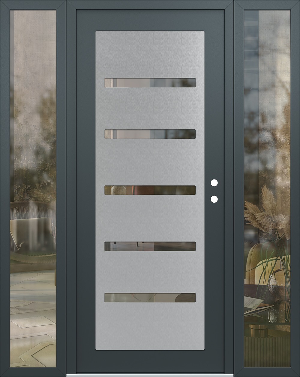 Modern Steel Front Door Diamond C7 64" x 80" anthracite/anthracite clear Glass Panel stainless steel LHI with 2 Sidelites clear Glass
