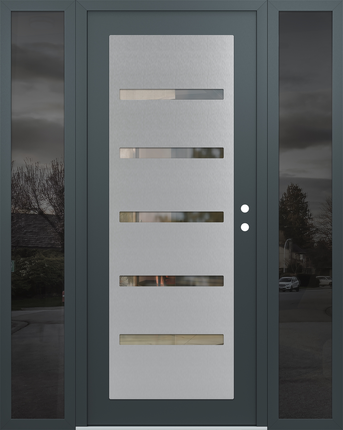 Modern Steel Front Door Diamond C7 64" x 80" anthracite/anthracite clear Glass Panel stainless steel LHI with 2 Sidelites mirrored Glass