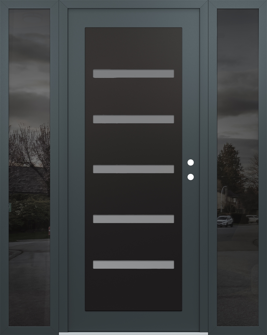 Modern Steel Front Door Diamond C7 64" x 80" anthracite/anthracite frosted Glass Panel black LHI with 2 Sidelites mirrored Glass