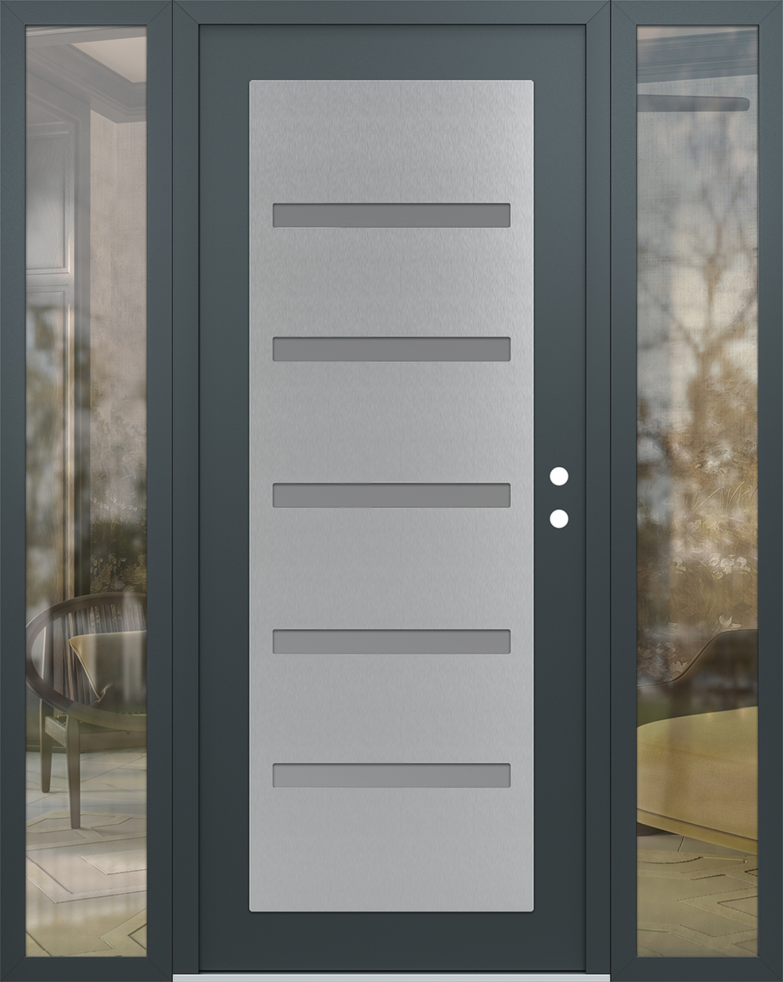 Modern Steel Front Door Diamond C7 64" x 80" anthracite/anthracite frosted Glass Panel stainless steel LHI with 2 Sidelites clear Glass