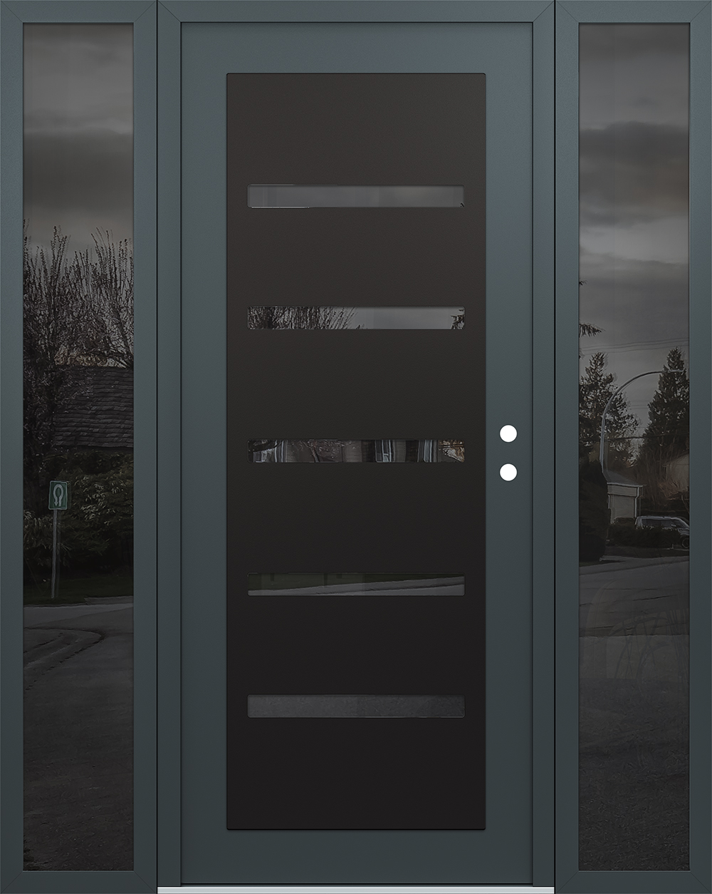 Modern Steel Front Door Diamond C7 64" x 80" anthracite/anthracite mirrored Glass Panel black LHI with 2 Sidelites mirrored Glass