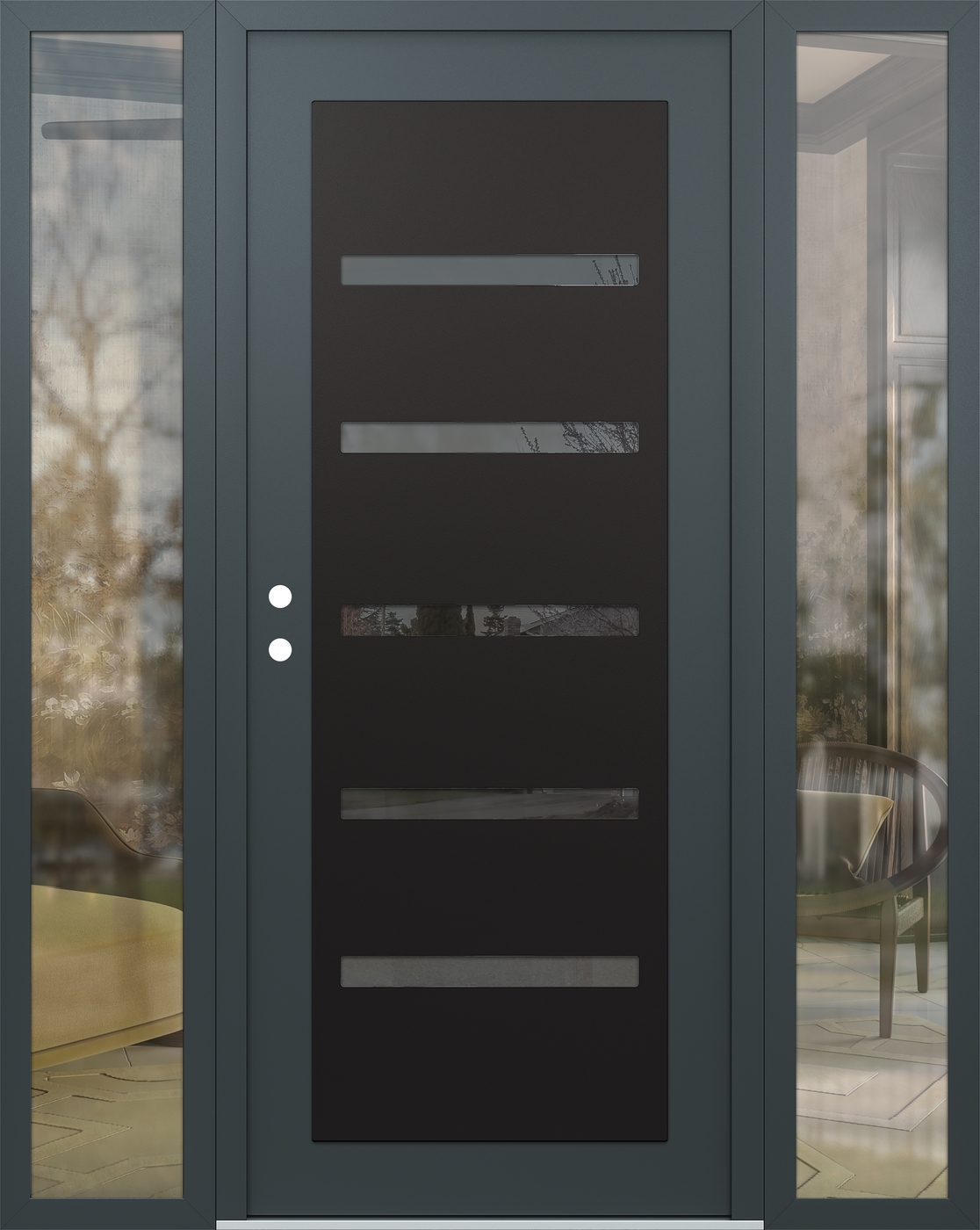 Modern Steel Front Door Diamond C7 64" x 80" anthracite/anthracite mirrored Glass Panel black RHI with 2 Sidelites clear Glass