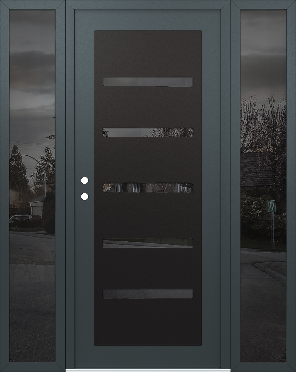 Modern Steel Front Door Diamond C7 64" x 80" anthracite/anthracite mirrored Glass Panel black RHI with 2 Sidelites mirrored Glass