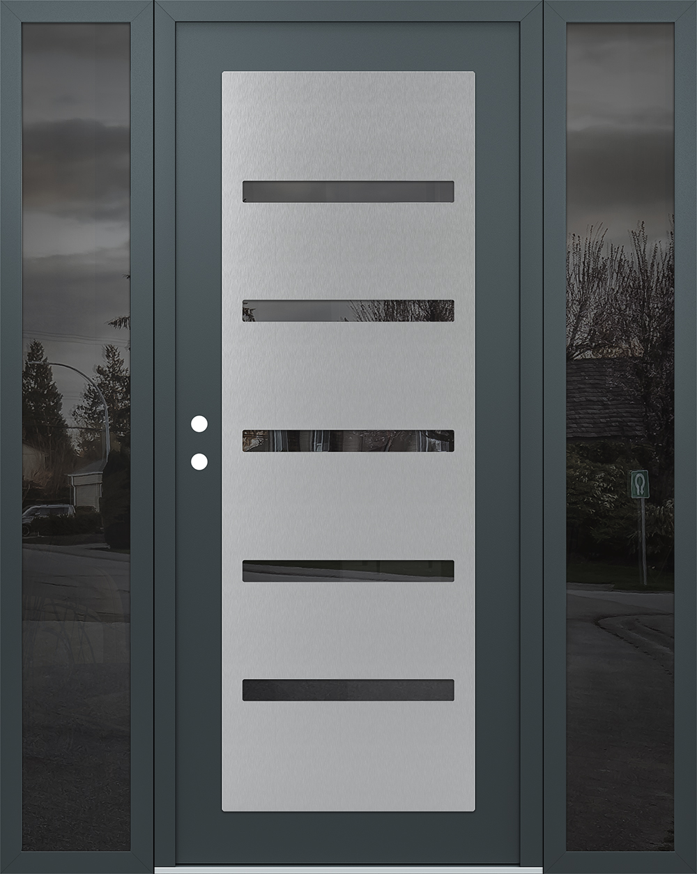 Modern Steel Front Door Diamond C7 64" x 80" anthracite/anthracite mirrored Glass Panel stainless steel RHI with 2 Sidelites mirrored Glass