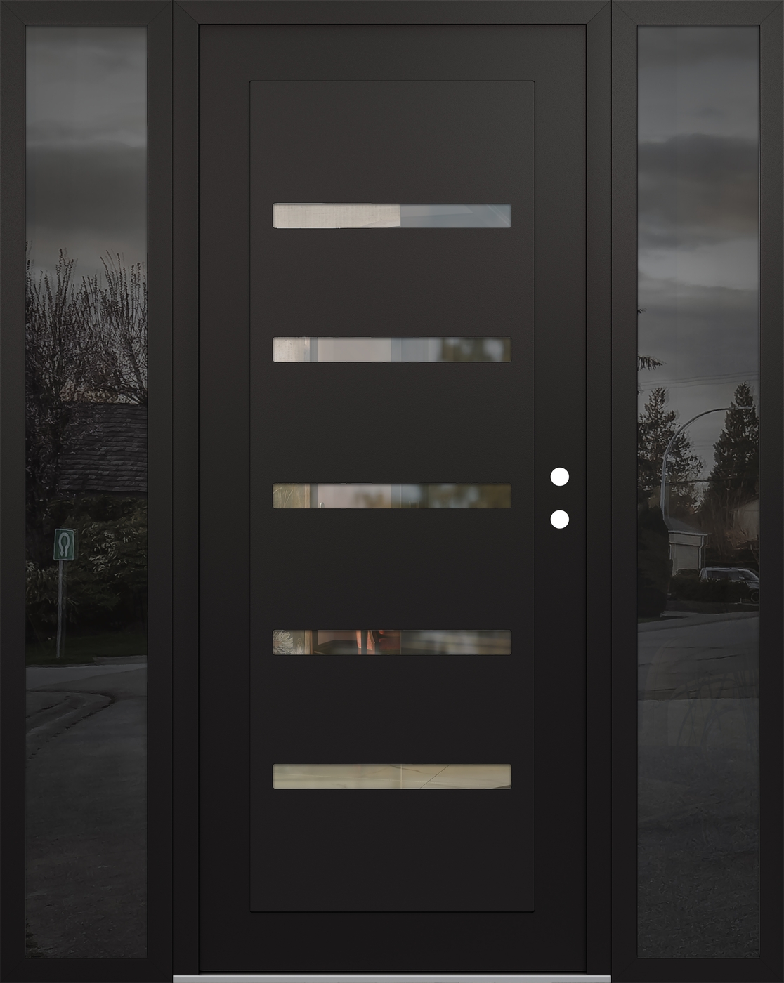 Modern Steel Front Door Diamond C7 64" x 80" black/black clear Glass Panel black LHI with 2 Sidelites mirrored Glass