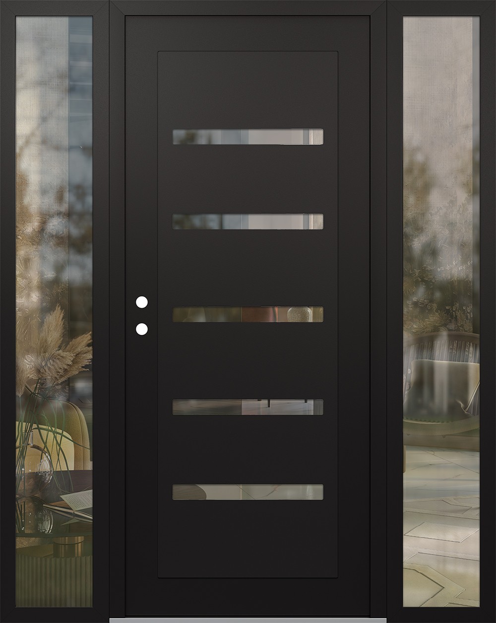 Modern Steel Front Door Diamond C7 64" x 80" black/black clear Glass Panel black RHI with 2 Sidelites clear Glass