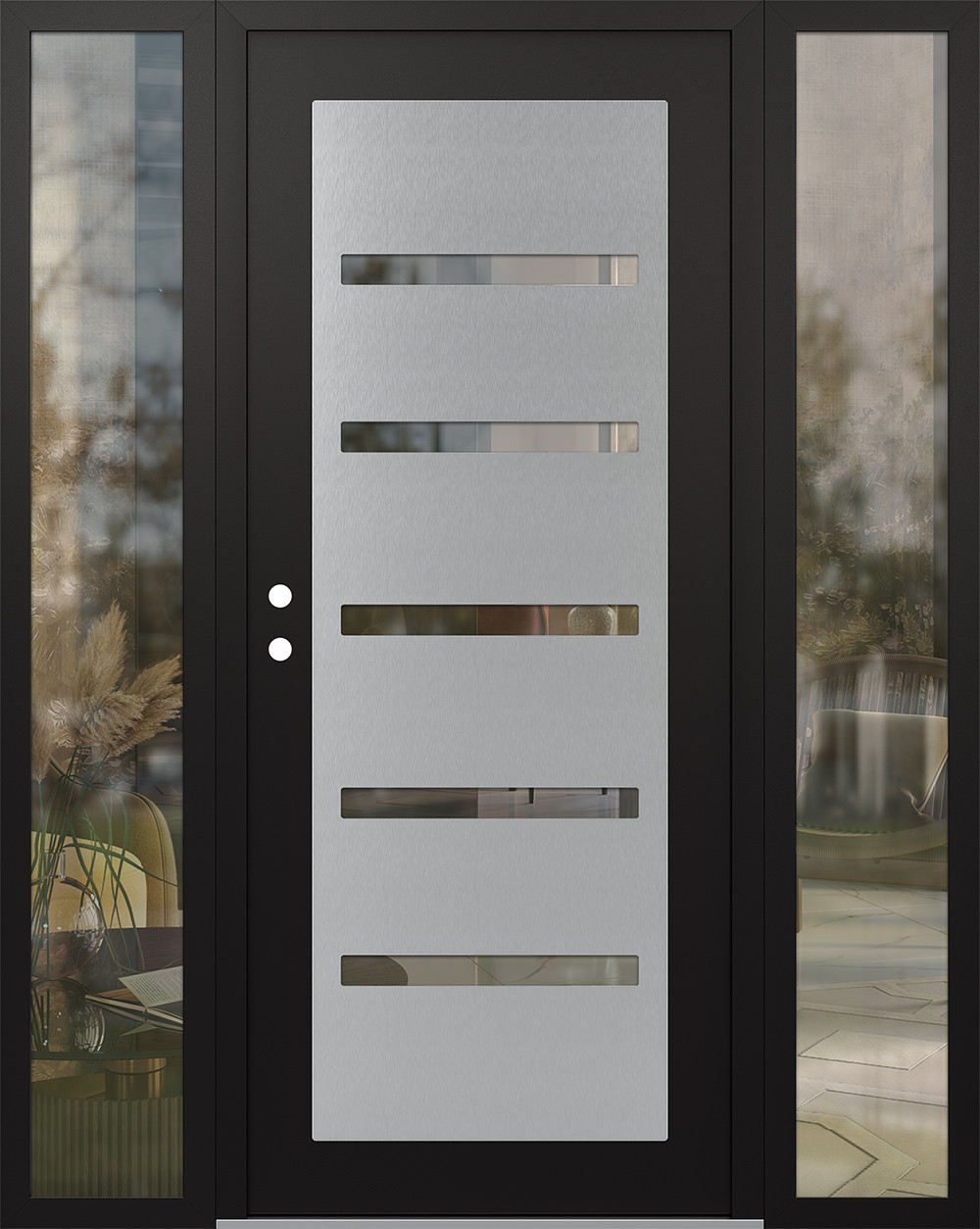 Modern Steel Front Door Diamond C7 64" x 80" black/black clear Glass Panel stainless steel RHI with 2 Sidelites clear Glass