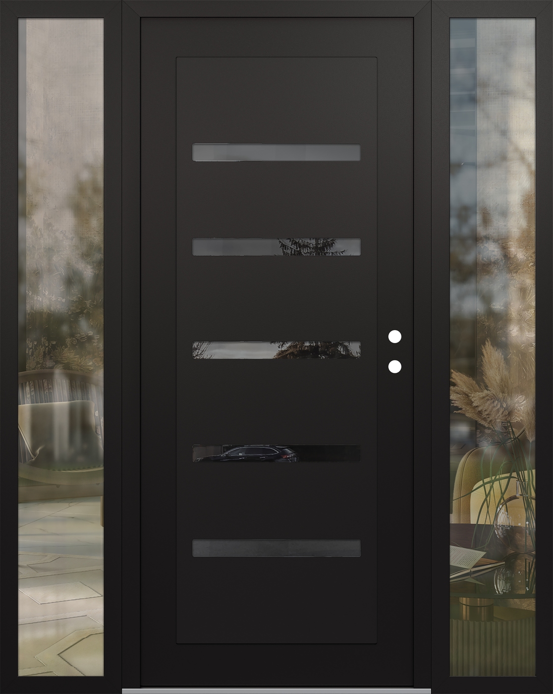 Modern Steel Front Door Diamond C7 64" x 80" black/black mirrored Glass Panel black LHI with 2 Sidelites clear Glass