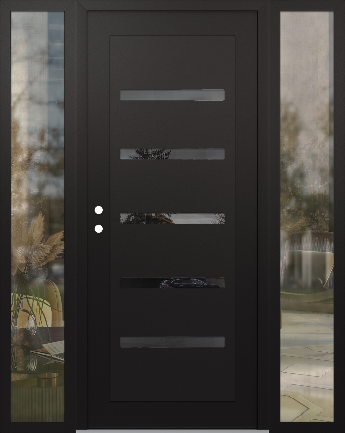 Modern Steel Front Door Diamond C7 64" x 80" black/black mirrored Glass Panel black RHI with 2 Sidelites clear Glass