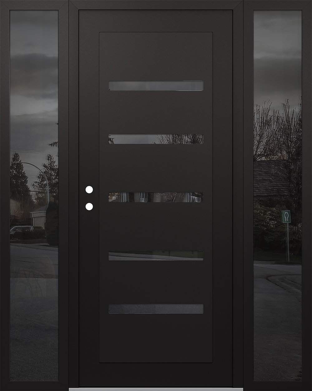 Modern Steel Front Door Diamond C7 64" x 80" black/black mirrored Glass Panel black RHI with 2 Sidelites mirrored Glass