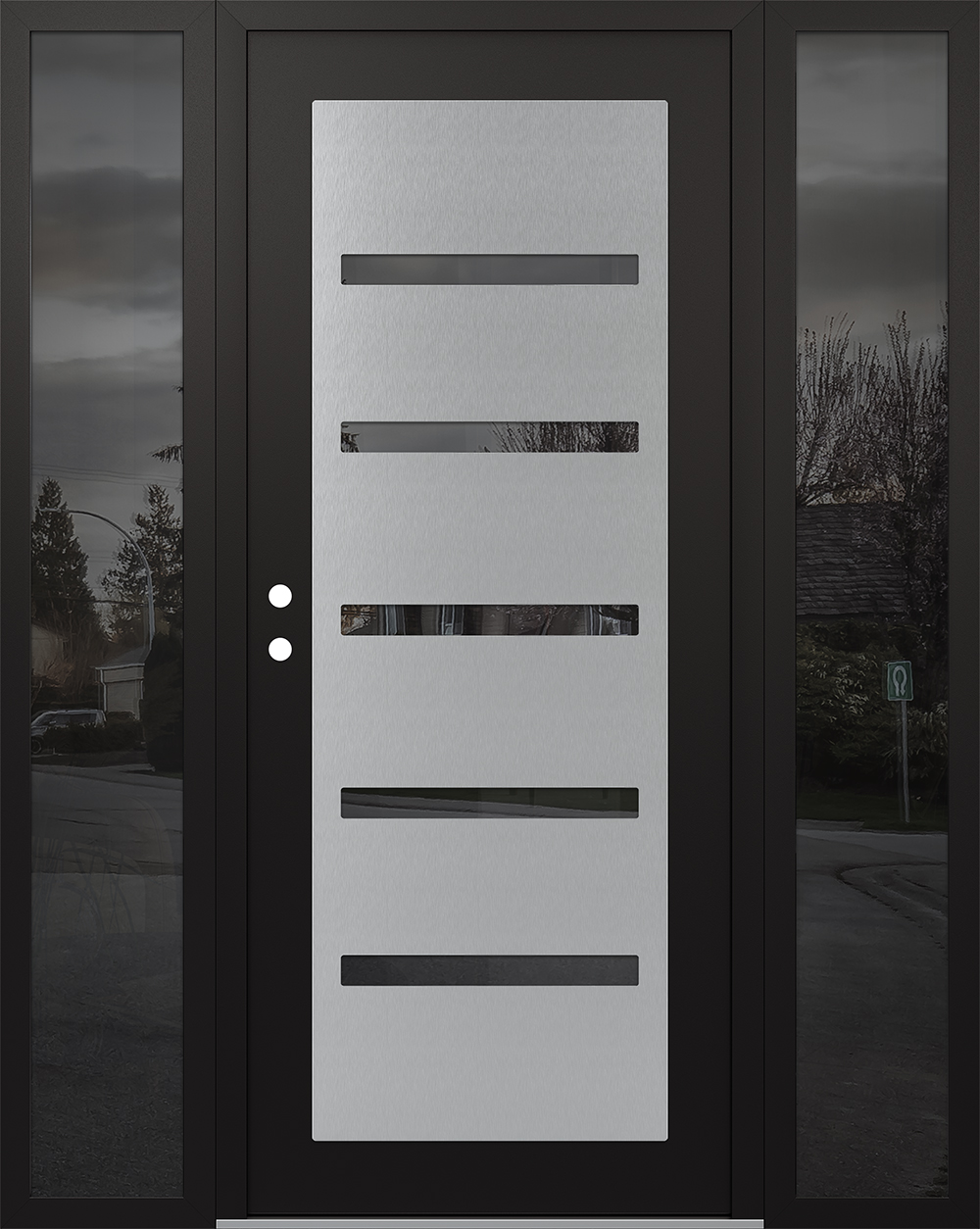 Modern Steel Front Door Diamond C7 64" x 80" black/black mirrored Glass Panel stainless steel RHI with 2 Sidelites mirrored Glass