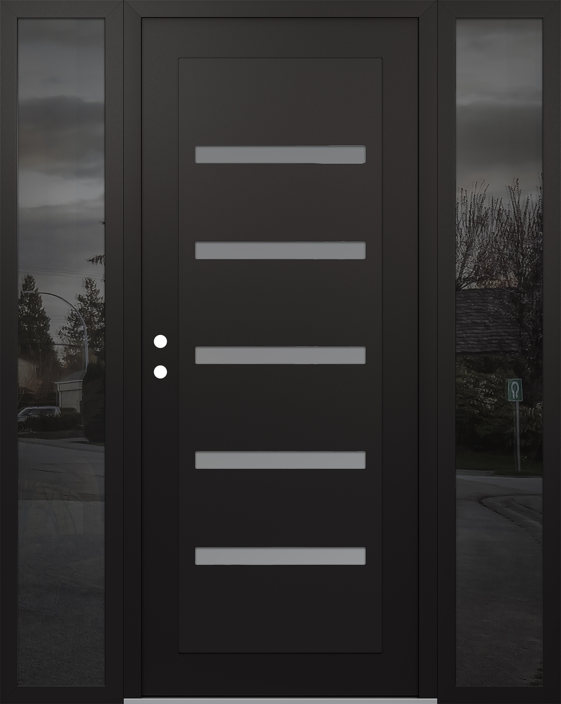 Modern Steel Front Door Diamond C7 64" x 80" black/white frosted Glass Panel black RHI with 2 Sidelites mirrored Glass