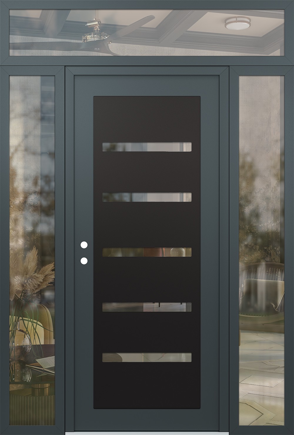 Modern Steel Front Door Diamond C7 64" x 96" anthracite/anthracite clear Glass Panel black RHI with 2 Sidelites and Transom clear Glass