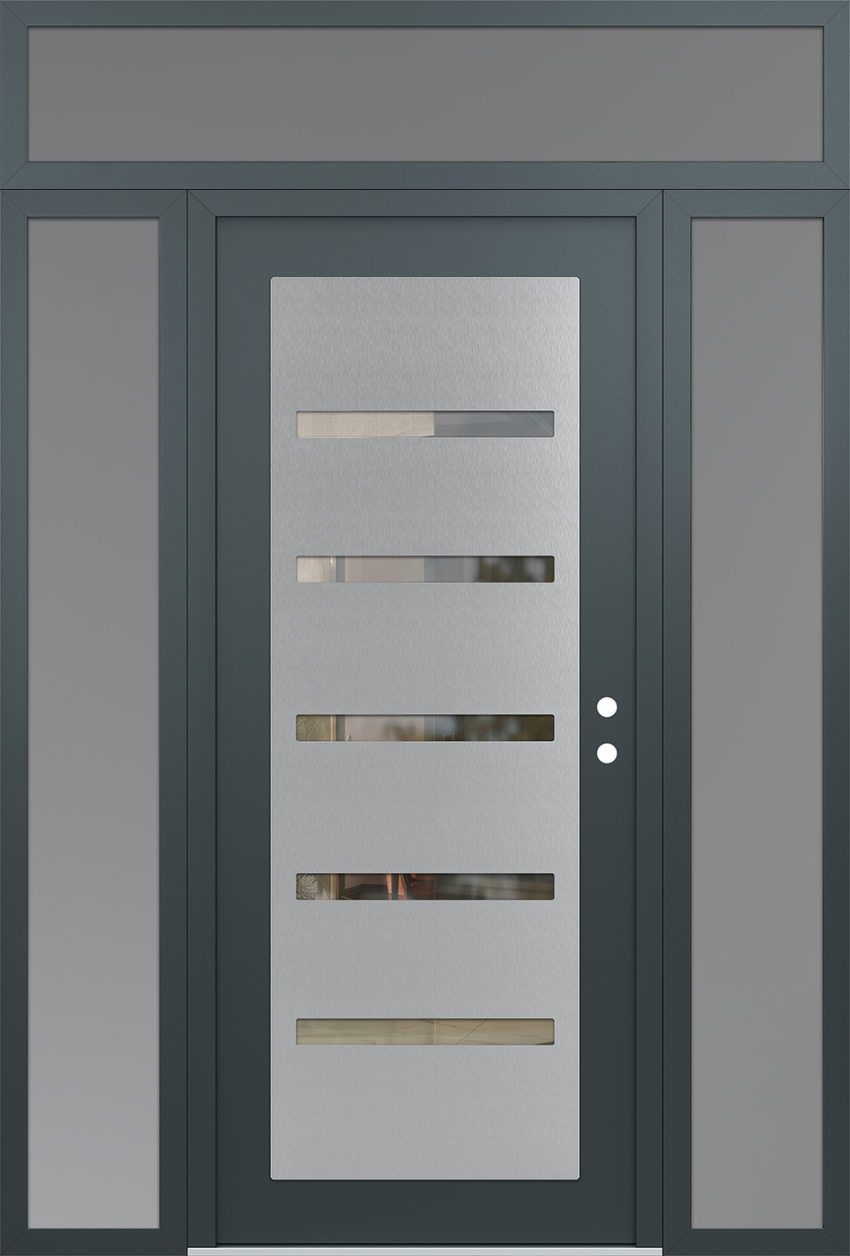 Modern Steel Front Door Diamond C7 64" x 96" anthracite/anthracite clear Glass Panel stainless steel LHI with 2 Sidelites and Transom frosted Glass