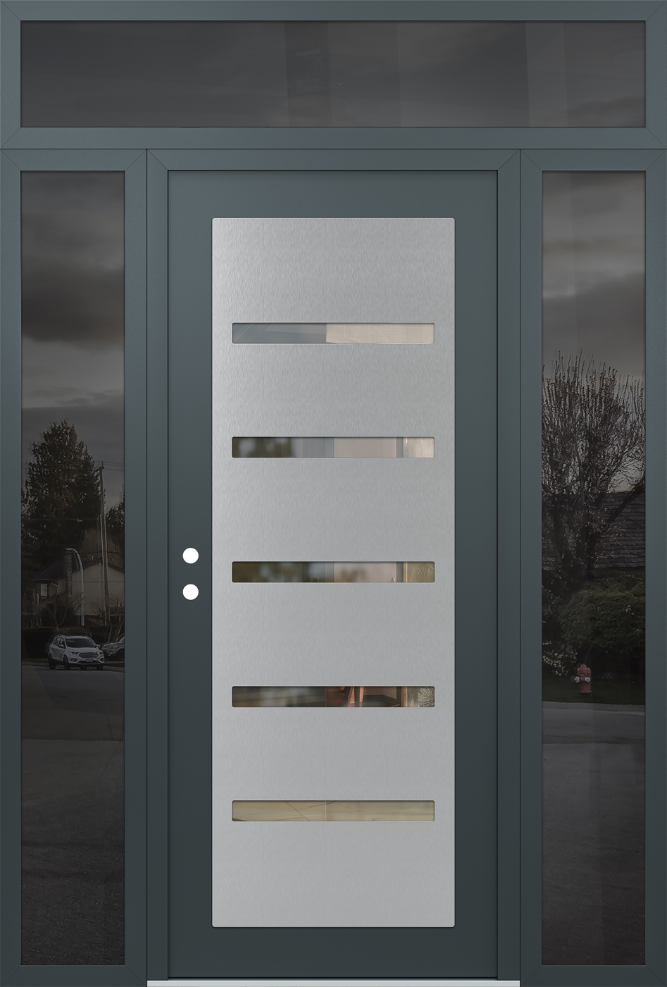 Modern Steel Front Door Diamond C7 64" x 96" anthracite/anthracite clear Glass Panel stainless steel RHI with 2 Sidelites and Transom mirrored Glass