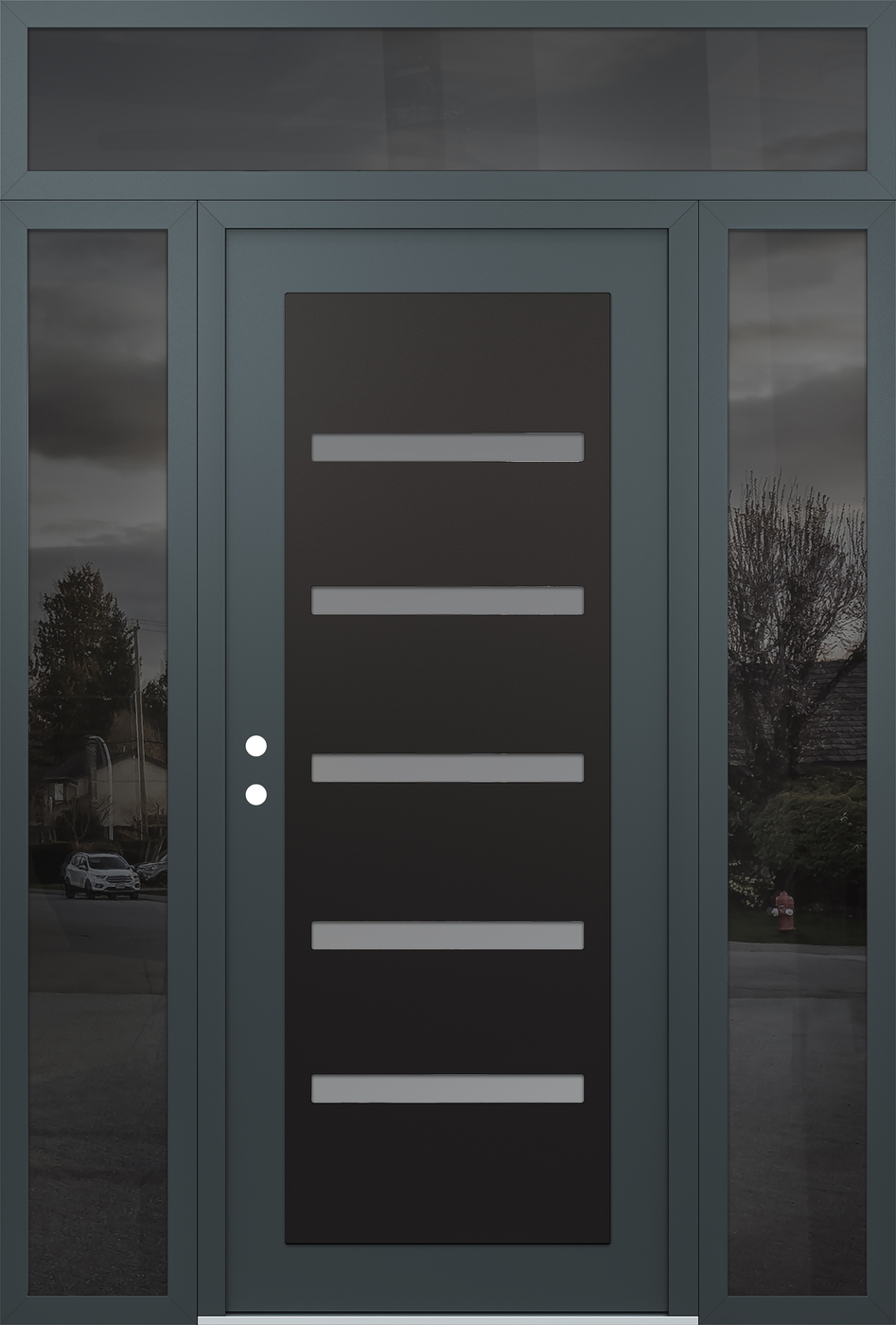 Modern Steel Front Door Diamond C7 64" x 96" anthracite/anthracite frosted Glass Panel black RHI with 2 Sidelites and Transom mirrored Glass