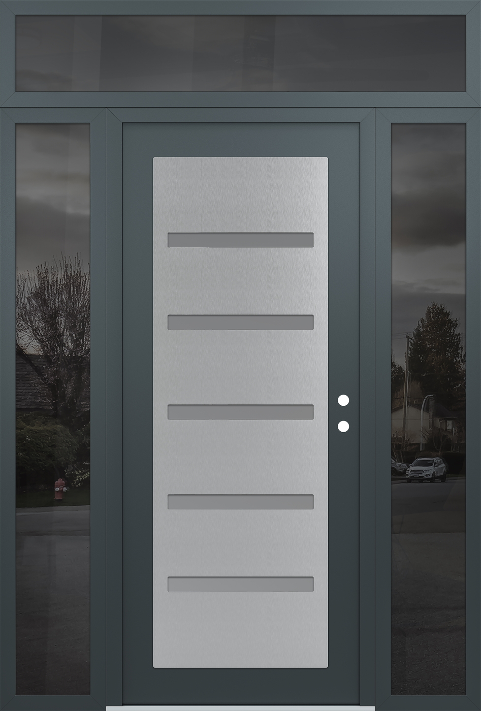 Modern Steel Front Door Diamond C7 64" x 96" anthracite/anthracite frosted Glass Panel stainless steel LHI with 2 Sidelites and Transom mirrored Glass