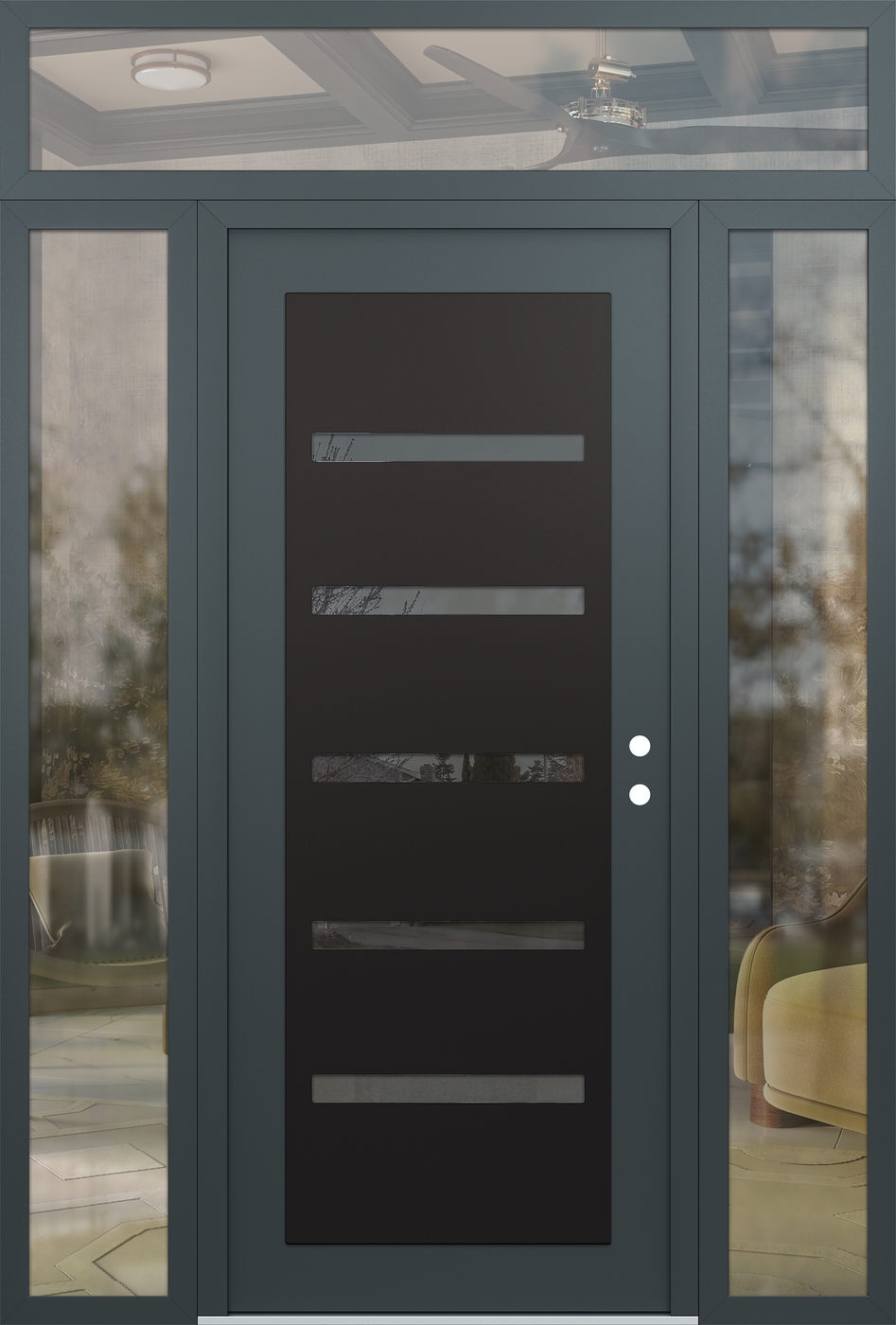 Modern Steel Front Door Diamond C7 64" x 96" anthracite/anthracite mirrored Glass Panel black LHI with 2 Sidelites and Transom clear Glass