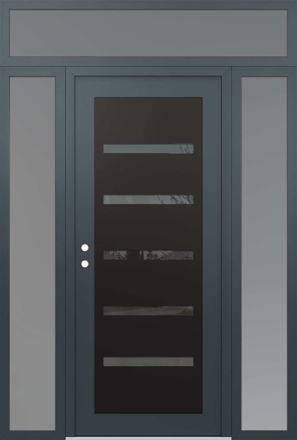 Modern Steel Front Door Diamond C7 64" x 96" anthracite/anthracite mirrored Glass Panel black RHI with 2 Sidelites and Transom frosted Glass