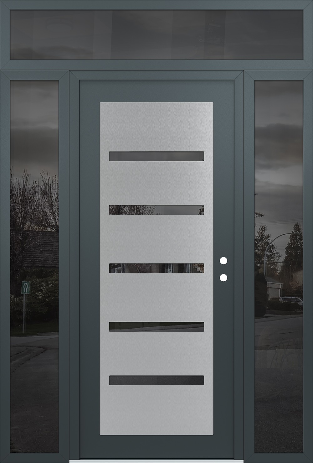 Modern Steel Front Door Diamond C7 64" x 96" anthracite/anthracite mirrored Glass Panel stainless steel LHI with 2 Sidelites and Transom mirrored Glass