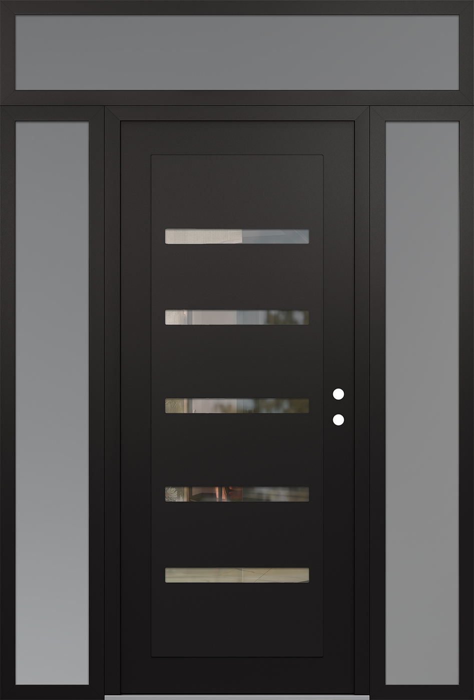Modern Steel Front Door Diamond C7 64" x 96" black/black clear Glass Panel black LHI with 2 Sidelites and Transom frosted Glass