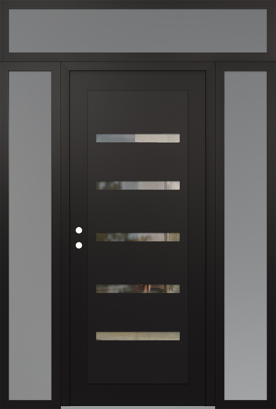 Modern Steel Front Door Diamond C7 64" x 96" black/black clear Glass Panel black RHI with 2 Sidelites and Transom frosted Glass