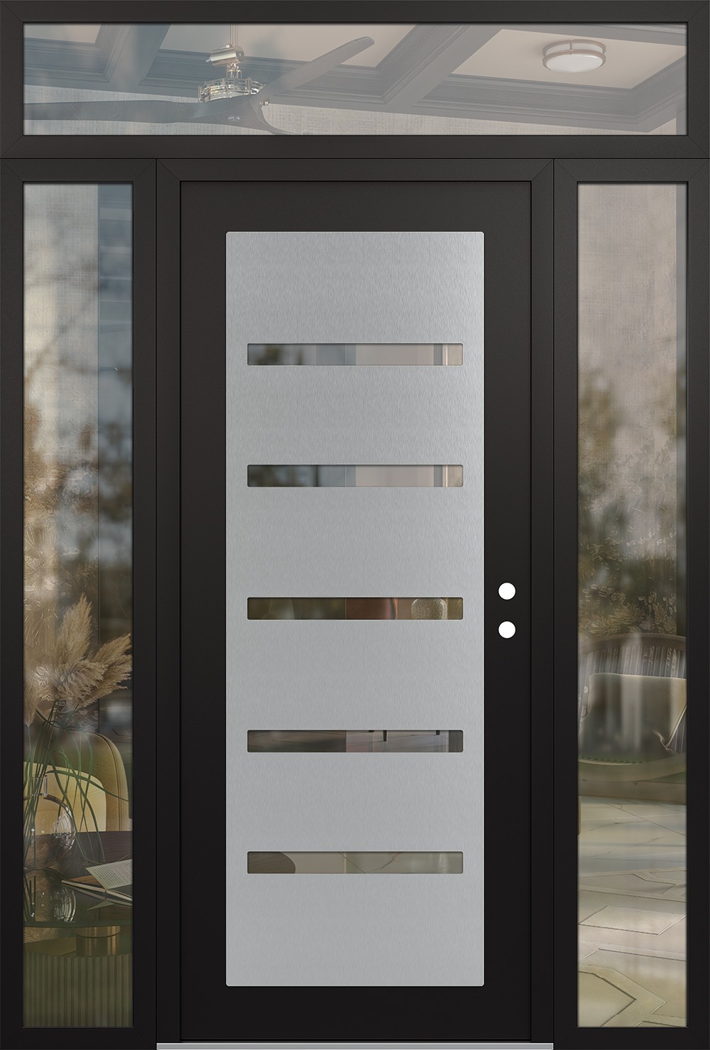 Modern Steel Front Door Diamond C7 64" x 96" black/black clear Glass Panel stainless steel LHI with 2 Sidelites and Transom clear Glass