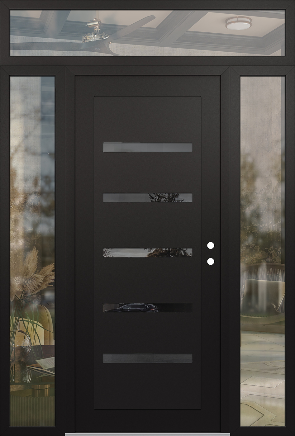 Modern Steel Front Door Diamond C7 64" x 96" black/black mirrored Glass Panel black LHI with 2 Sidelites and Transom clear Glass