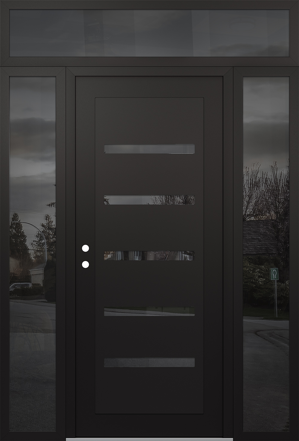 Modern Steel Front Door Diamond C7 64" x 96" black/black mirrored Glass Panel black RHI with 2 Sidelites and Transom mirrored Glass
