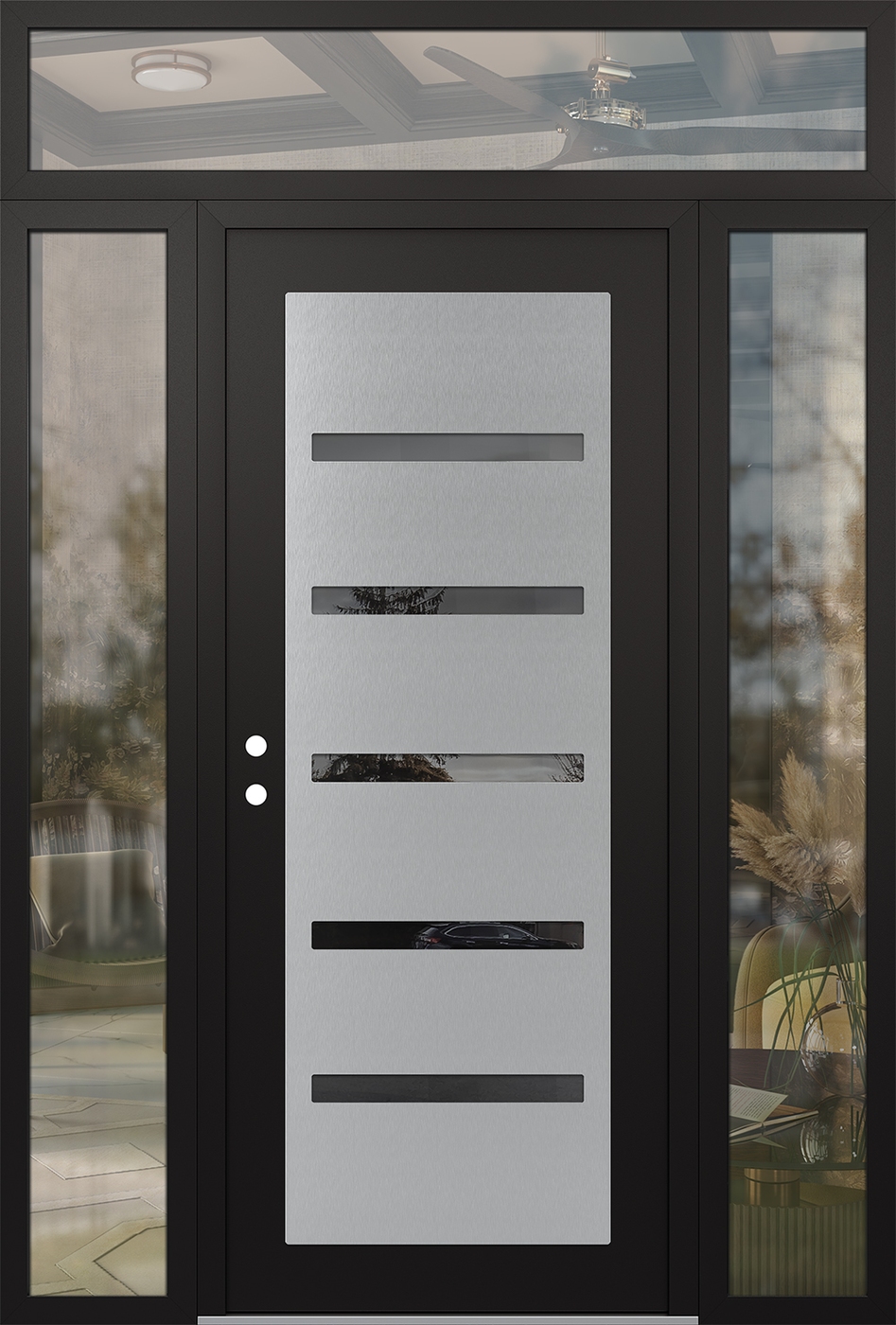 Modern Steel Front Door Diamond C7 64" x 96" black/black mirrored Glass Panel stainless steel RHI with 2 Sidelites and Transom clear Glass