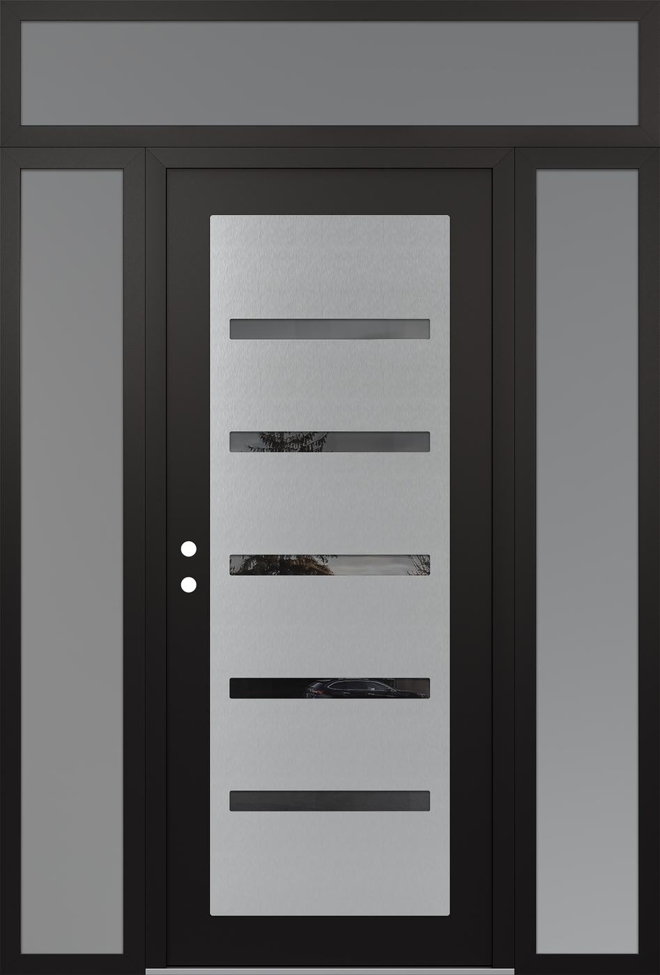 Modern Steel Front Door Diamond C7 64" x 96" black/black mirrored Glass Panel stainless steel RHI with 2 Sidelites and Transom frosted Glass